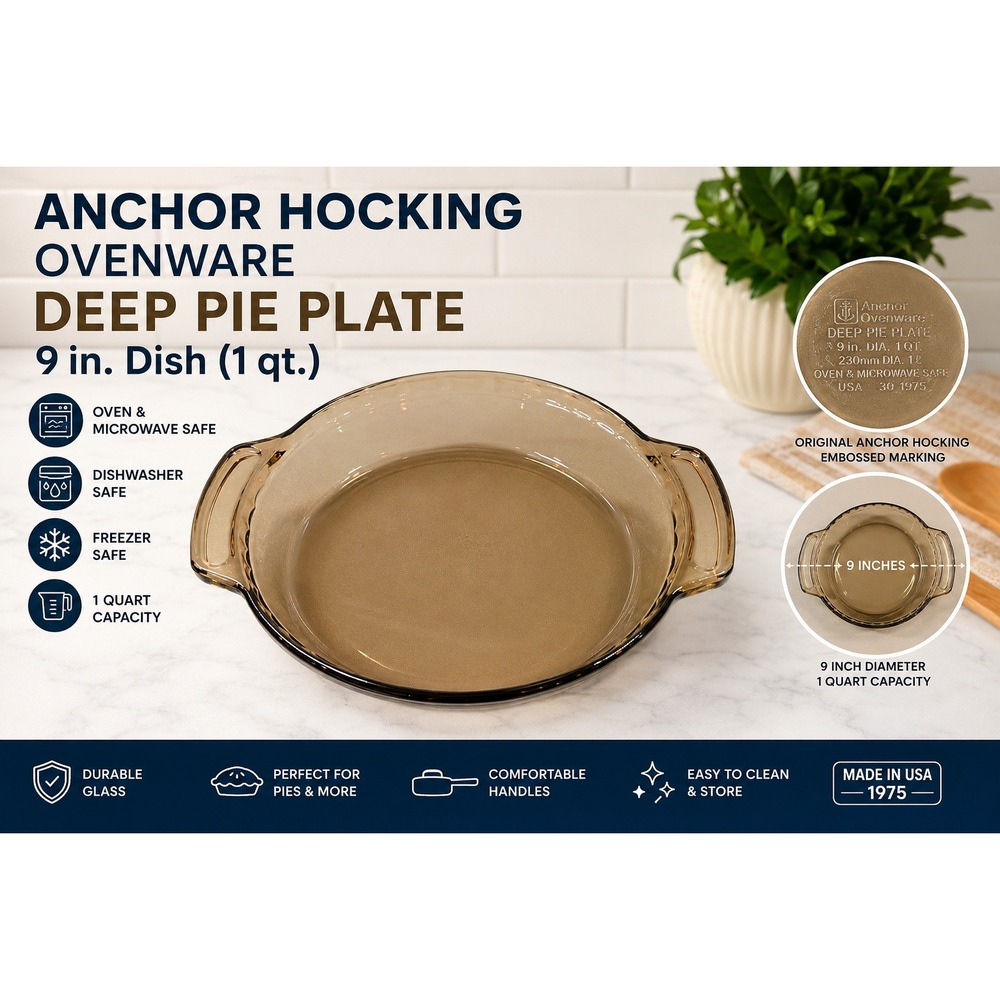 Anchor Hocking Amber Glass Deep Pie Plate 9 Inch Round Ovenware 1 Qt with Handle